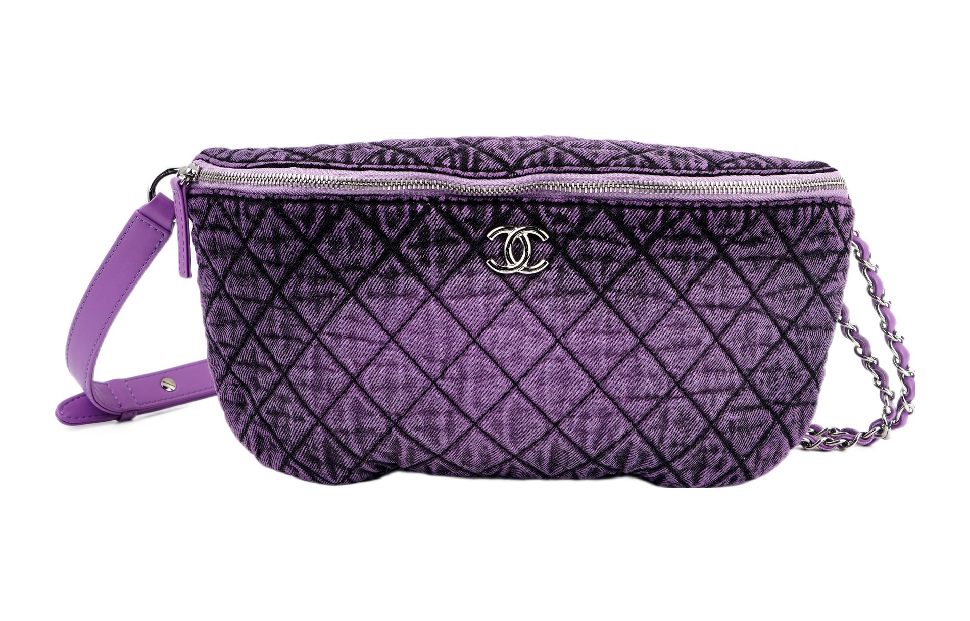 CHANEL Denim Waist Bag Silver Chain Purple