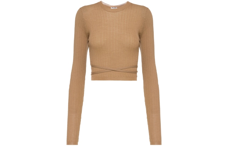 Miu Miu SS21 Logo Ribbed Wool Sweater Camel Brown