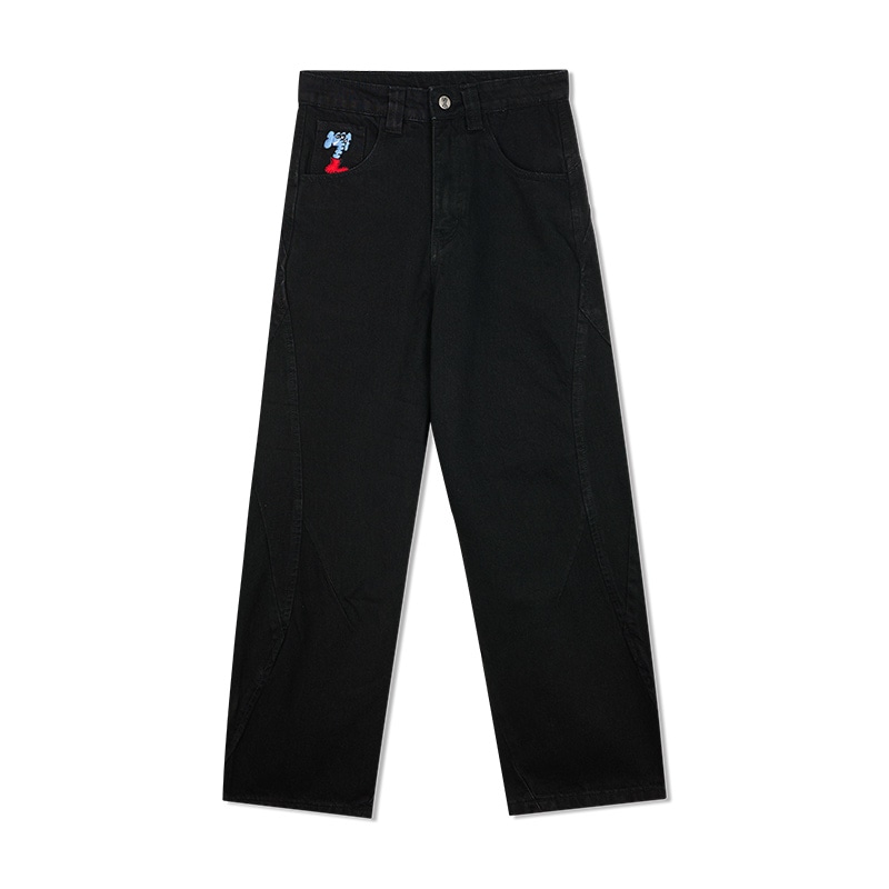 MIND ERROR Curved Patchwork Elephant Embroidery Jeans