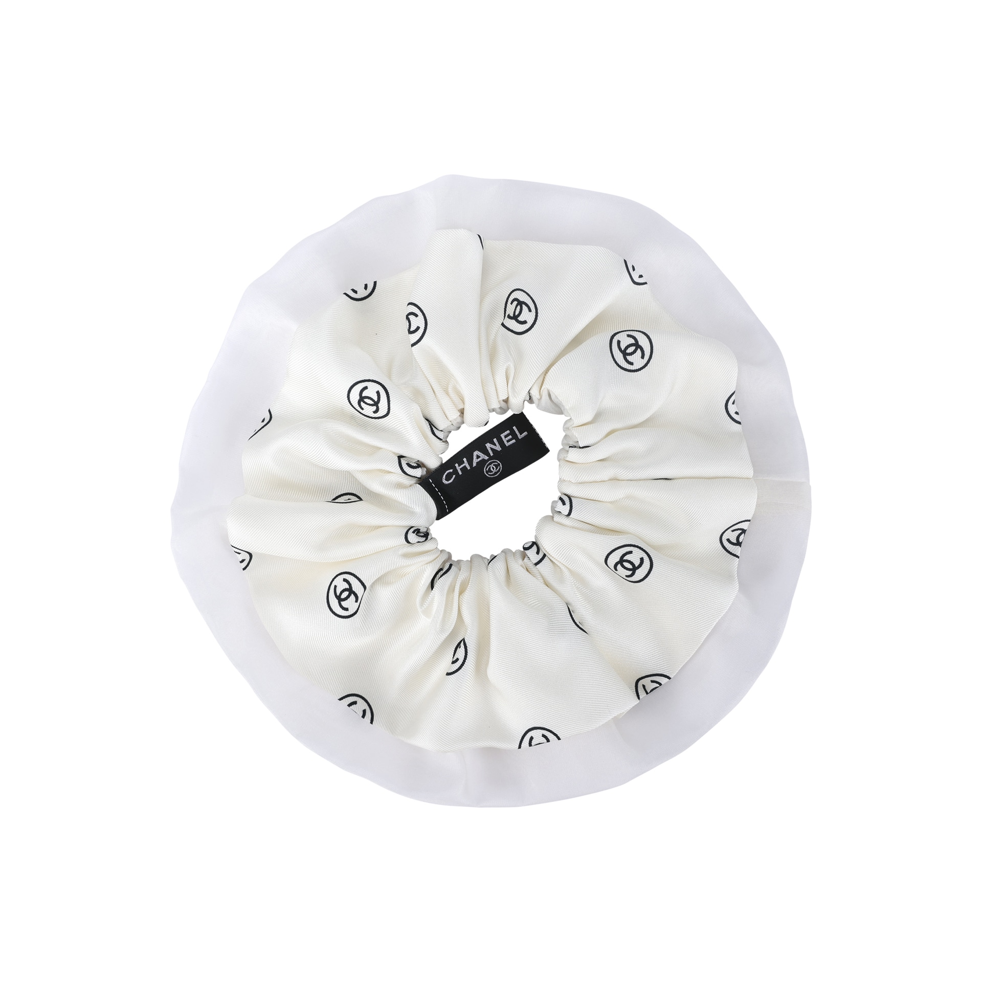 CHANEL Silk Twill Hair Tie White Black