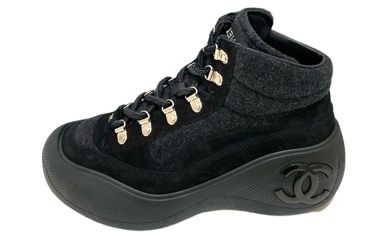 CHANEL Lace-Up Round Toe Ankle Boots Black